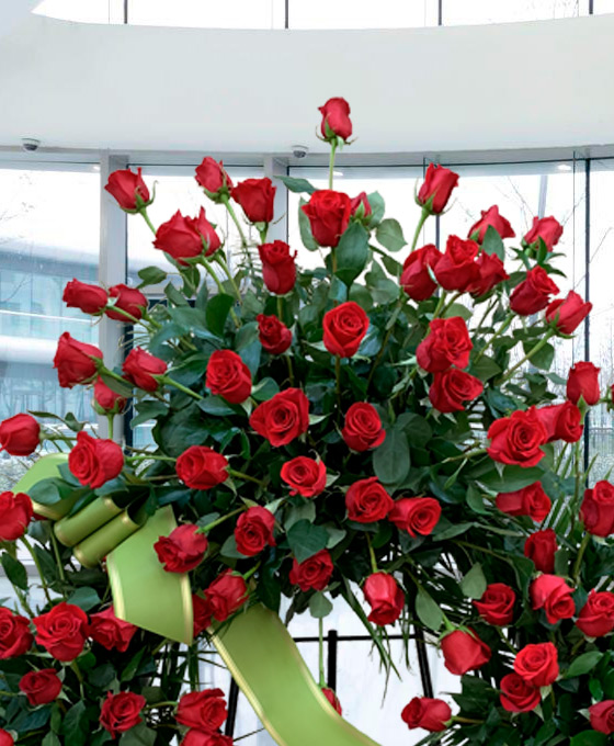 Corona funeraria de rosas rojas en Gijón, Envíos Urgentes de Flores para Funeral