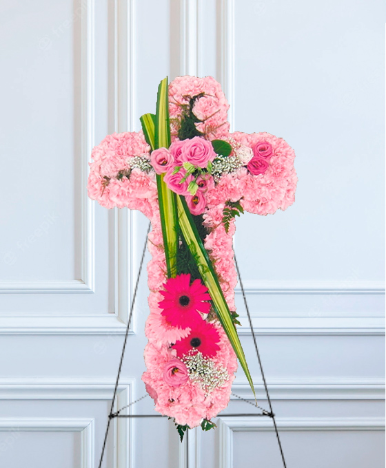 Cruz de rosas rosadas para funeral Gijón Cruz de flores rosas para tanatorio en Gijón